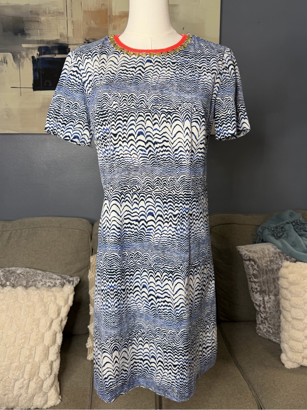 Trina Turk Sheath Jeweled Collar Navy White Coral Dress size 6